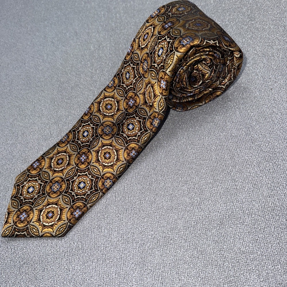 JZ‎ RICHARDS Orange Silk Tie w Blue&Gold Design 61x3.75"